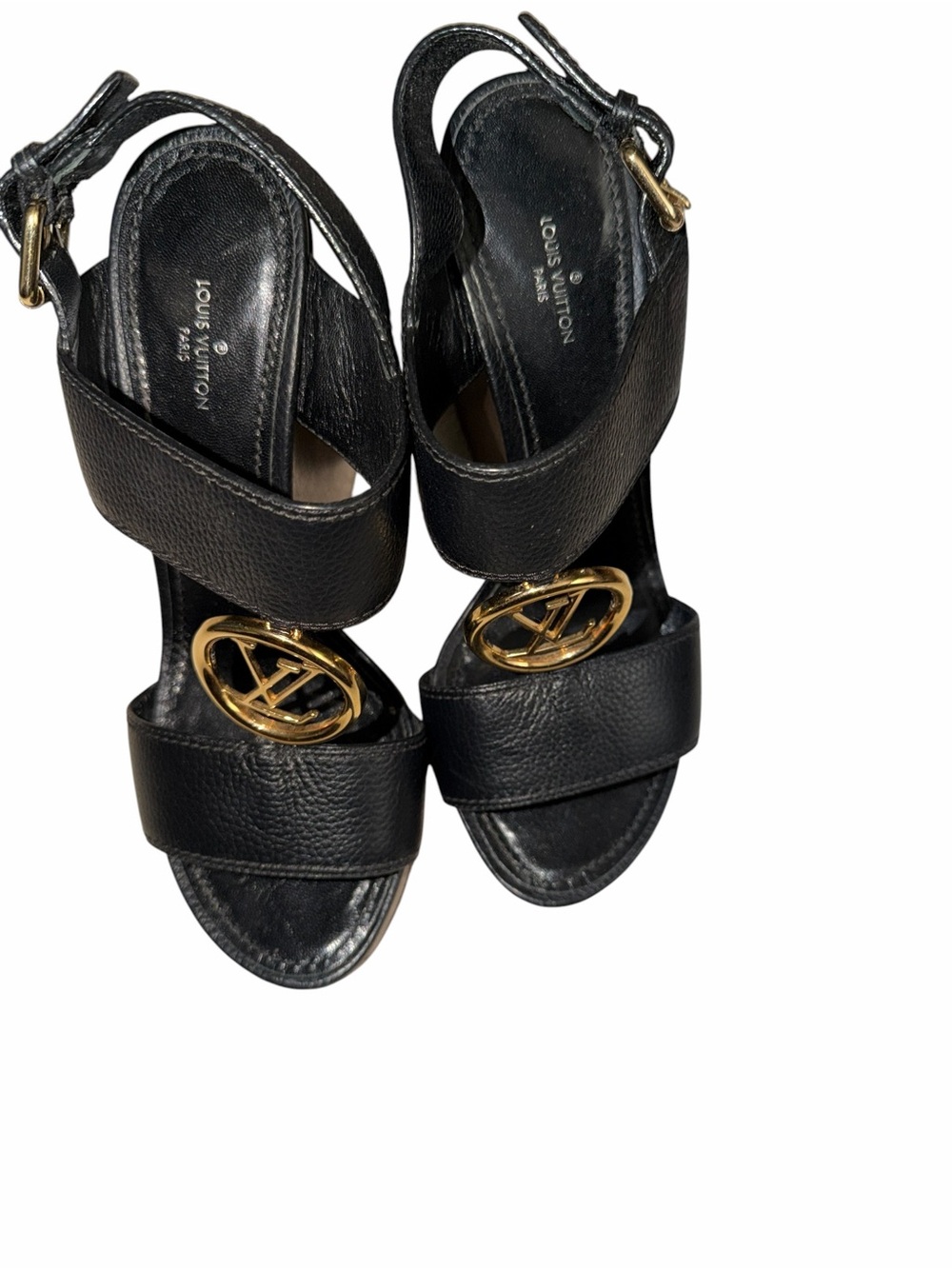 Louis Vuitton Vedette Black Leather Wedge Sandals  Gold-Logo Heels Size 38